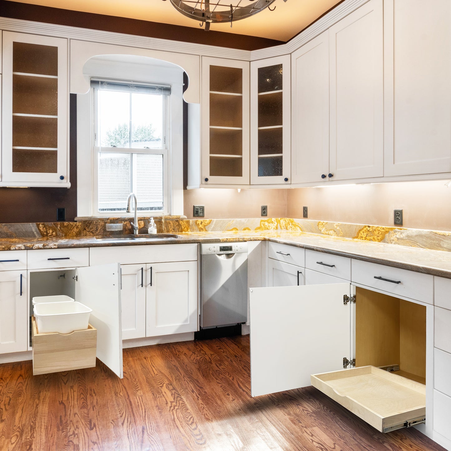 Bottom Mount Pull-Out Trash Can Wood Drawer for Kitchen Cabinet w/ Dual 45 Quart Waste Trash Garbage Bins