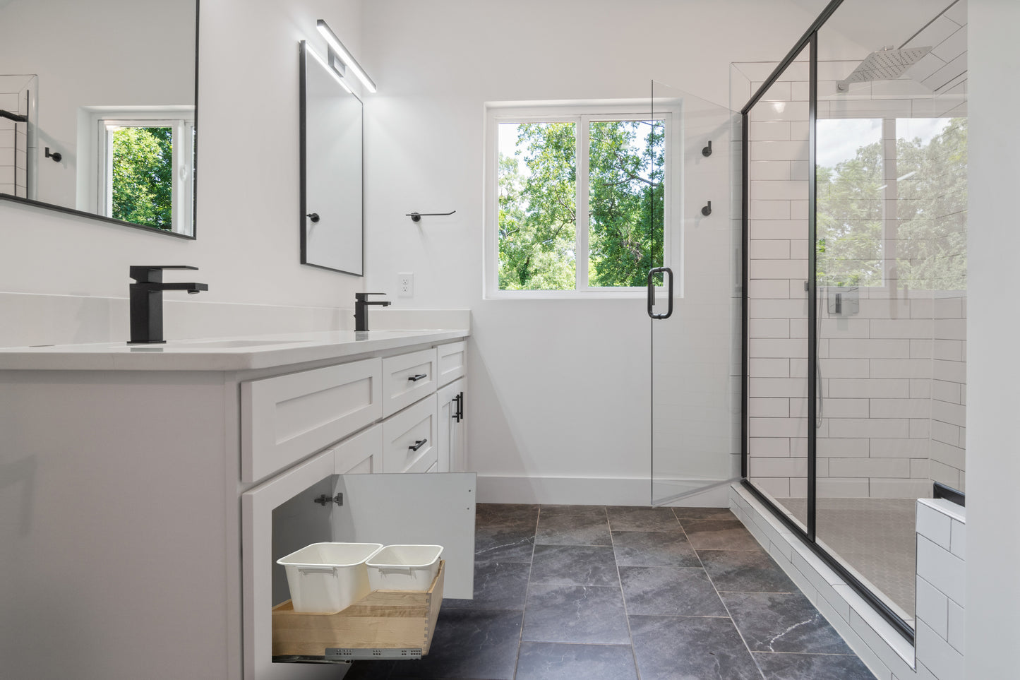 Bottom Mount Pull-Out Trash Can Wood Drawer for Kitchen Cabinet w/ Dual 45 Quart Waste Trash Garbage Bins