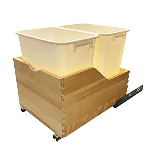 Bottom Mount Pull-Out Trash Can Wood Drawer for Kitchen Cabinet w/ Dual 45 Quart Waste Trash Garbage Bins